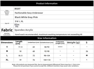 Größentabelle für sexy elastische Dessous mit Maßen für die Größen S bis XL im Detail