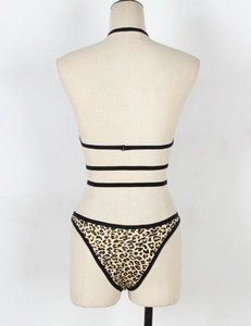 Vue détaillée du dos d'un ensemble de lingerie léopard avec des brides noires élastiques