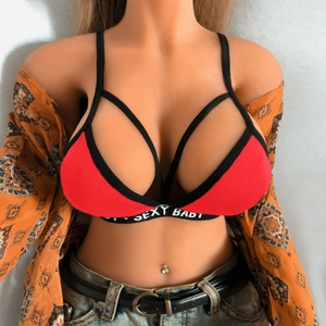 Sexy red women bra top with criss-cross straps and SEXY BABY lettering on the elastic band