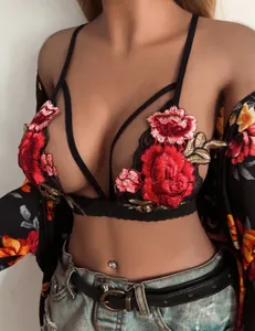 Detail of black lace bra with red floral embroidery and decorative straps styling