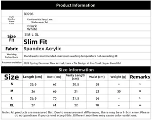Detailed size chart for lace lingerie set including bust and waist measurements in cm