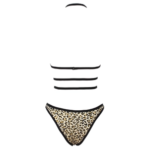 Détail du dos d'un ensemble lingerie léopard avec de multiples lanières élastiques noires