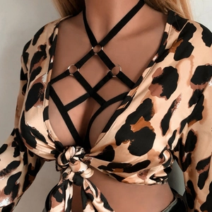 Sexy leopard print tie-front crop top with harness detail and metal rings for women