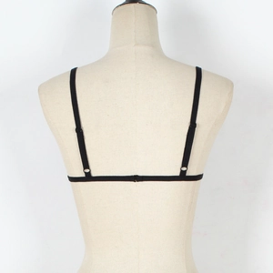 Rear view of black lace lingerie bra with thin adjustable straps on a mannequin