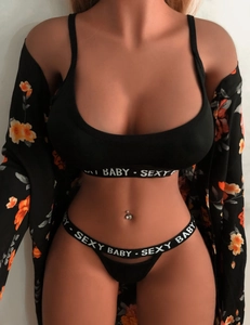 Three-piece black lingerie set featuring sexy baby letter elastic and floral cardigan