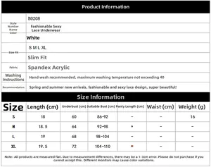 Tableau des tailles détaillé pour haut de lingerie en dentelle blanche avec mesures S à XL