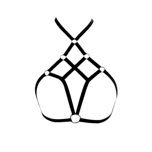 Sexy black elastic harness bra with silver metal rings for clubwear or party styling
