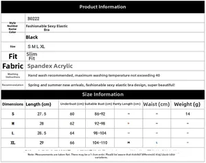 Tableau des tailles pour brassière noire à lanières avec mesures pour S, M, L et XL
