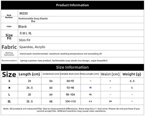 Detailed size chart for sexy elastic band bra showing measurements from S to XL in centimeters