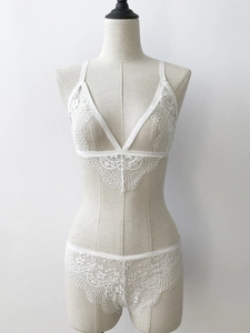 Close-up of white floral lace lingerie set with deep V-neck bra and matching panties
