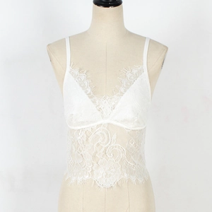 Detailed close-up of white floral lace camisole with delicate eyelash trim on V-neckline