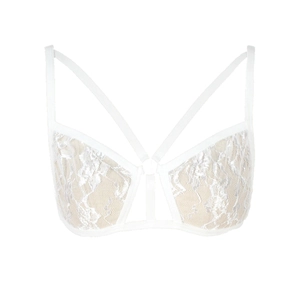 Detail of white floral lace bra featuring a unique multi-strap design and center ring