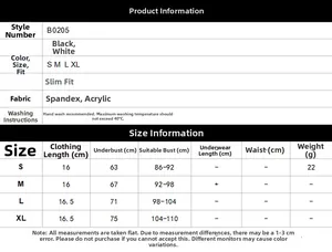Detailed size chart for lace crop top featuring fabric specs and measurements
