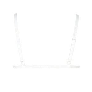 Detail view of white lace lingerie top showing adjustable thin straps and back structure