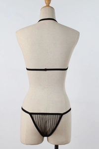 Vue arrière d'un ensemble lingerie en maille noire transparente avec fines bretelles sur mannequin