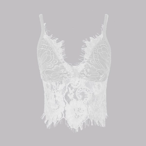 Detail of white floral lace bralette featuring V-neck and eyelash lace trim edges