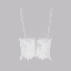 Detail of white eyelash lace camisole with adjustable straps and back hook closure