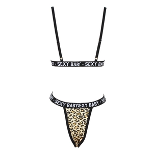 Detail eines schwarzen Dessous-Sets mit Leopardenmuster-Einsatz und SEXY BABY Elastikband