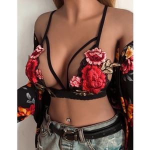 Sexy black lace harness bra with red floral embroidery and delicate strappy detailing