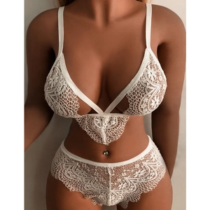 Women Sexy White Lace Lingerie Top And Bottom Set Embroidered V-Neck Strappy Bra And Panty Sleepwear Nightwear For Dating