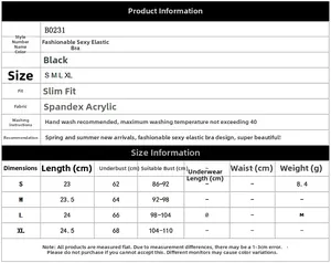 Size chart for black strappy elastic bra top showing S to XL dimensions in centimeters