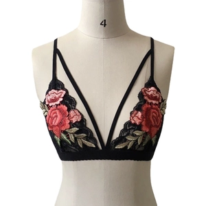 Elegant black lace bralette with red rose embroidery and stylish V-neck straps