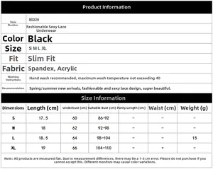 Size chart showing measurements for the sexy black lace lingerie top in sizes S to XL
