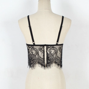 Detailed back view of black lace camisole showing eyelash trim and thin shoulder straps