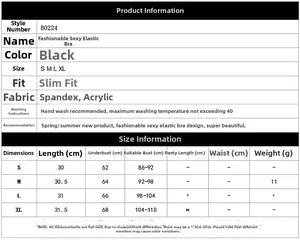 Tabella taglie per reggiseno nero con lacci con misure da S a XL e dettagli sui materiali