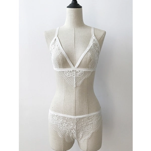 Elegant white floral lace lingerie set with wireless triangle bra and matching panties