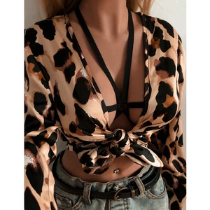 Sexy leopard print long sleeve top with deep V-neck and stylish front tie knot design