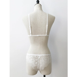 Elegant white lace lingerie set featuring a delicate floral pattern and thin straps back view