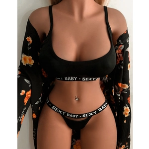 Three-piece sexy black lingerie set with Sexy Baby elastic bands and floral cardigan
