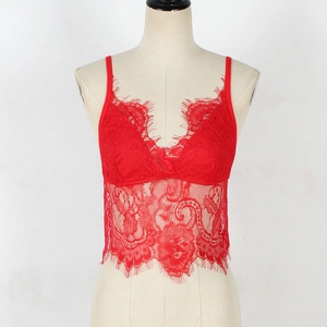 Macro detail of red floral eyelash lace on a sexy cropped camisole top for women