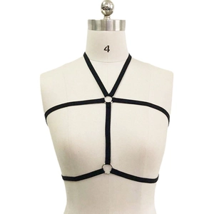 Sexy black elastic body harness with metal rings for women, stylish chest strap underwear