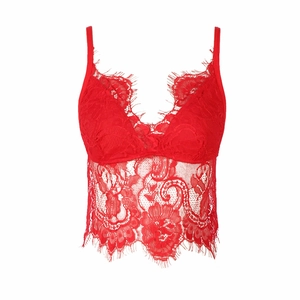 Detailed view of red eyelash lace camisole with deep V-neck and sheer floral patterns
