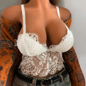 White floral lace camisole top with eyelash trim and built-in pads for women