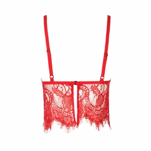 Detailed back view of red eyelash lace bralette featuring adjustable straps and metal buckle