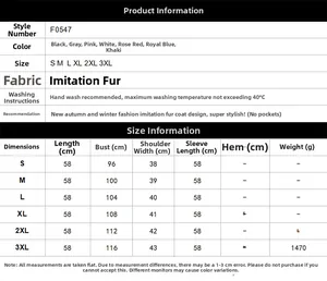 Size guide table for women faux fur jacket showing measurements from S to 3XL in various colors