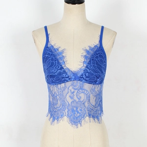 Detailed close-up of royal blue lace camisole featuring deep V-neck and eyelash trim