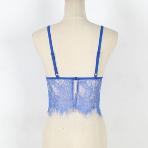 Detail of royal blue lace camisole back with eyelash trim and adjustable straps