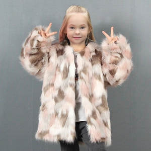 Kids faux fur jacket featuring stylish color block patchwork in pink and beige