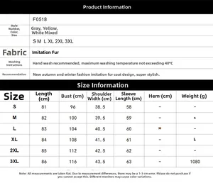 Size chart for faux fur shawl collar coat with measurements for S to 3XL in gray yellow white