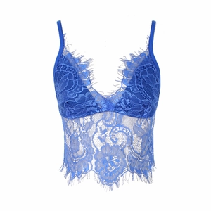 Detailed macro view of royal blue eyelash lace bralette with V-neckline and sheer texture