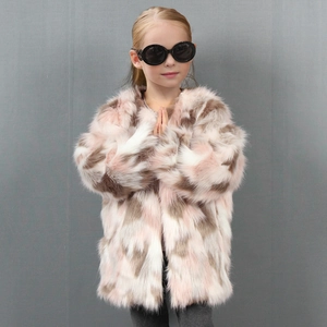 Kids faux fur coat in pink, brown and white patchwork design for winter fashion