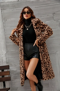 Close-up of leopard print faux fur coat with thick texture and smooth luster finish