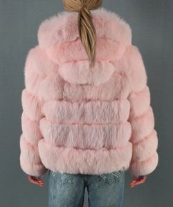 Rear view of pink faux fur hooded jacket showing high quality plush texture and panel details