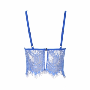 Detailed back view of a royal blue lace camisole top with adjustable straps and hook closure