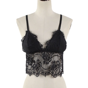 Elegant black floral lace bralette top with V-neck, thin straps and eyelash lace hem detail