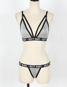 Detail view of grey lingerie set with sexy baby letter print on elastic bands